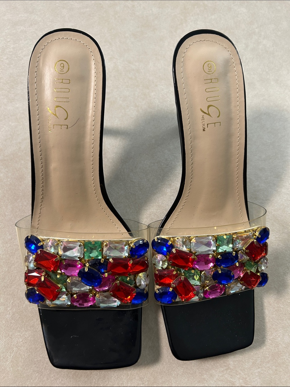 Rouge Helium Multicolor Jeweled Clear-Band Slide Sandals - Black